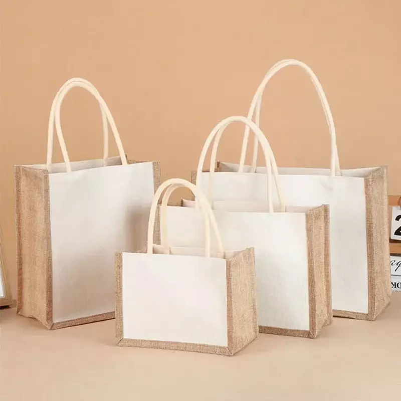 Bolsas de mano de yute de arpillera para mujer, bolsas de compras de gran capacidad, impermeables, reutilizables, tela ecológica, GCB03