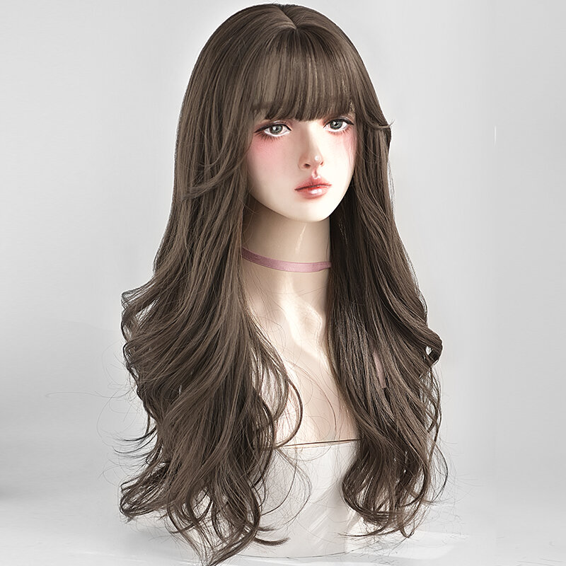 7JHH-Peluca de cabello sintético para mujer, cabellera artificial ondulado de color marrón con flequillo limpio, de alta densidad, aspecto Natural