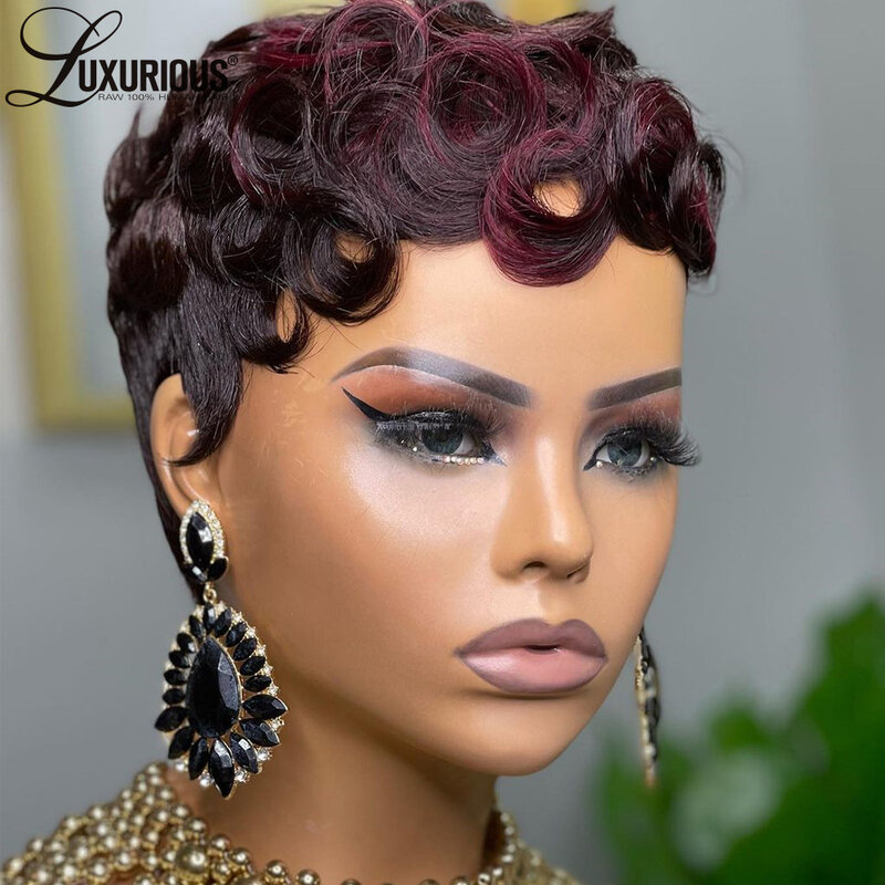 Wstępnie oskubane fryzura Pixie krótkie peruki wykonane maszynowo bezklejowe bordowe peruki imbirowe dla czarnych kobiet brazylijskie Remy peruki z ludzkich włosów
