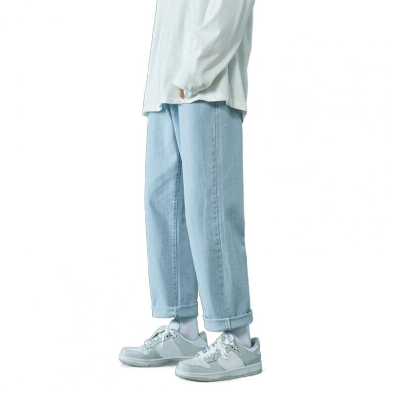 2024New Korean Fashion Men's Casual Baggy Long Jeans Classic Man Straight Denim Wide-leg Pants Solid Color Light Blue Grey Black