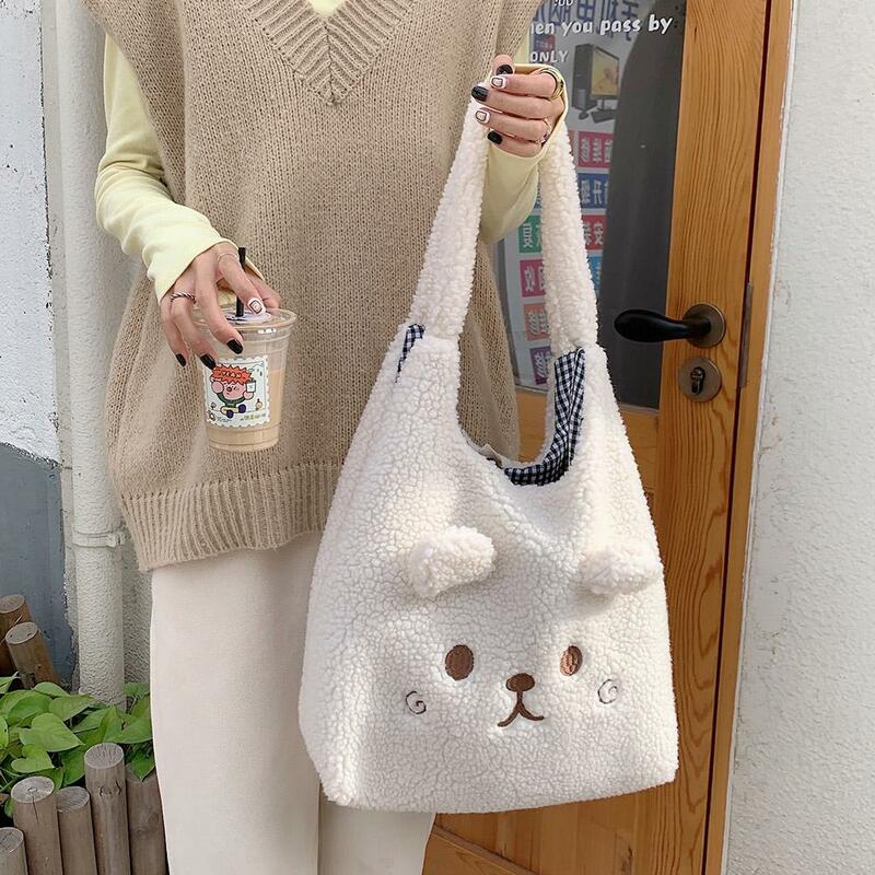 Winter Soft Plush Tote Bag Women Cartoon Embroidery Imitation Lamb Hair Shoulder Bag For Women 2023 Shopper Bag