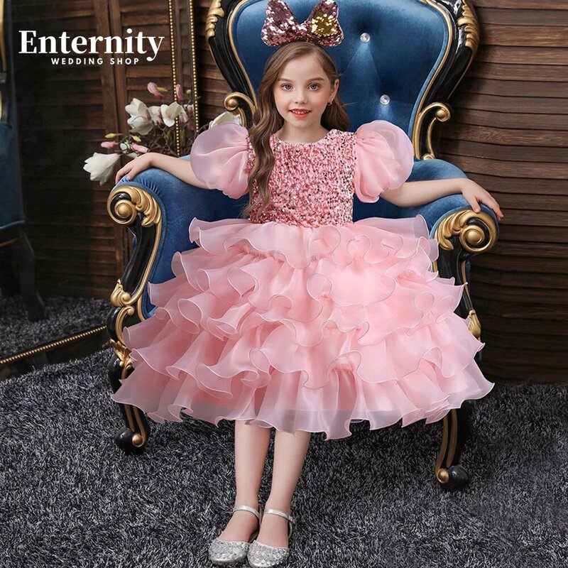 Princesse Enfant-A-Line Bow Flower Girl Dress, vestido de baile com o pescoço, lantejoulas Puff Sleeve, Joelho de comprimento, Lovely