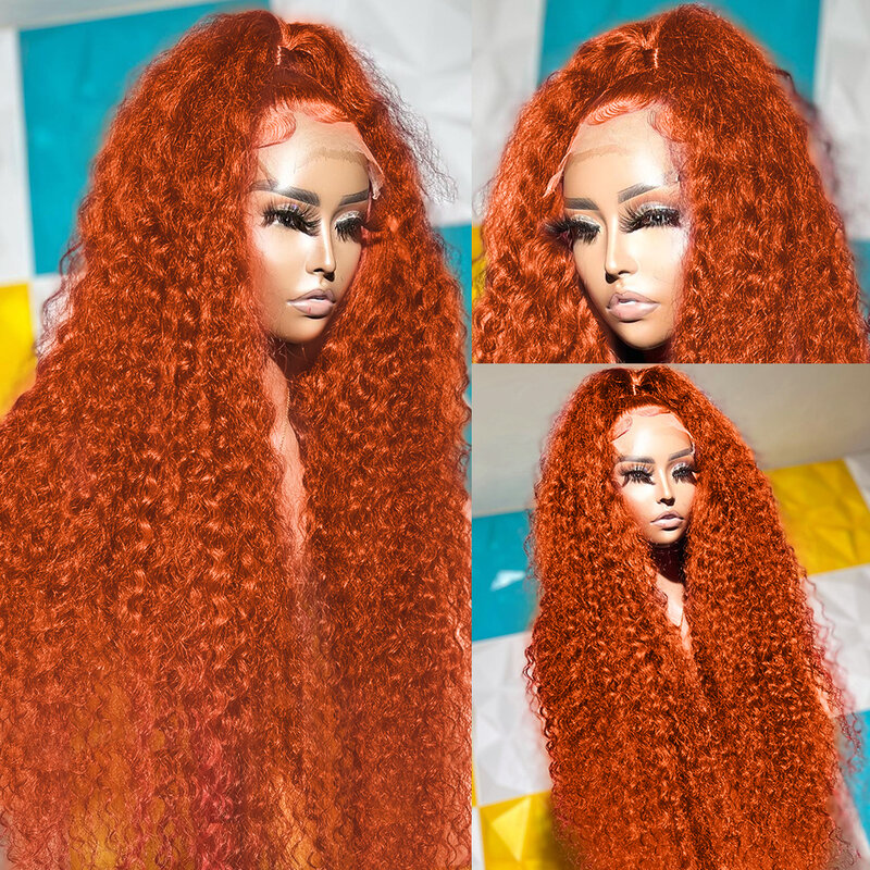 Ondinay-Onda Profunda Curly Lace Front Wig para Mulheres, Peruca de Gengibre Laranja, Perucas de Cabelo Humano, 30 ", 40", 13x6, 250 Densidade, Peruca Frontal, 13x4