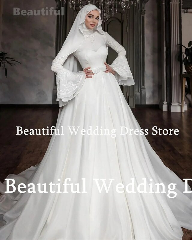 Gaun pengantin mewah Muslim untuk wanita renda applique A-Line panjang selantai gaun pengantin Arab gaun pesta pernikahan Vestidos