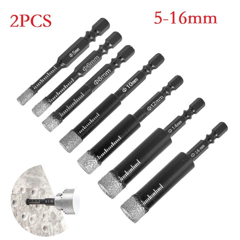 2PCS Vacuum Brazed Diamond Dry Drill Bits Hex Shank Hole Saw Cutter For Marble Ceramic Tile Wax Inside For Cooling 5-16mm