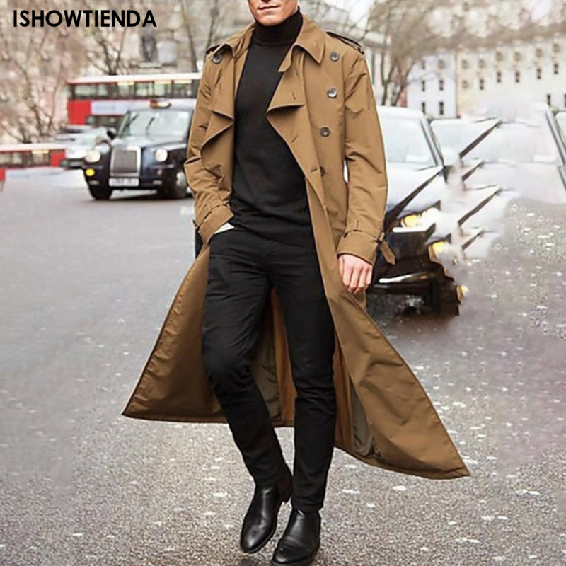 Gabardina de manga larga para hombre, chaqueta elegante con bolsillo, abrigo largo de lana, abrigo delgado para invierno
