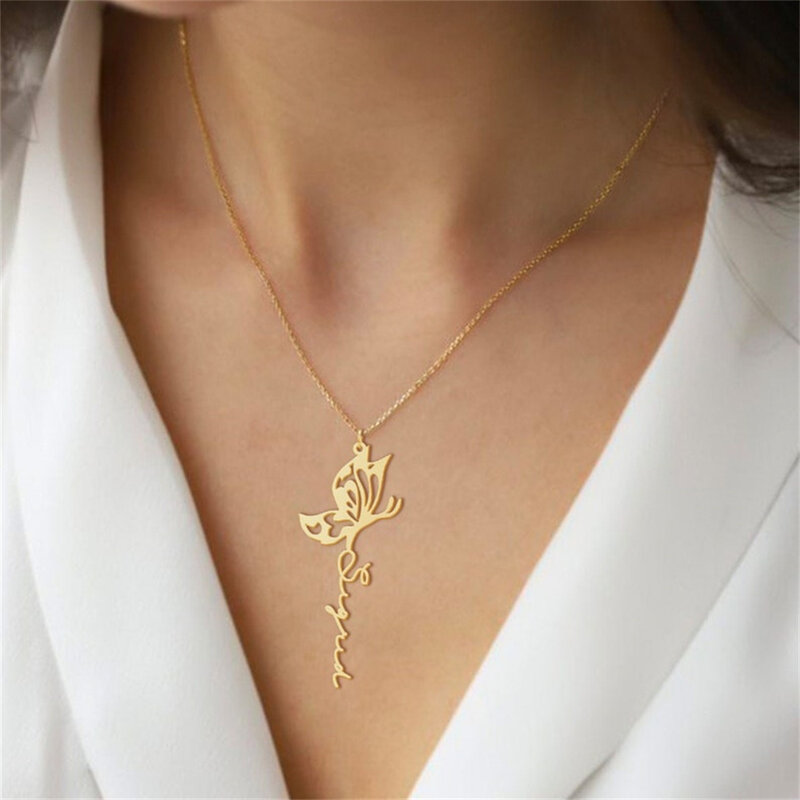 Collar de mariposa Vertical personalizado para mujer y niña, joyería con colgante de nombre personalizado, Collar de cadena de acero inoxidable