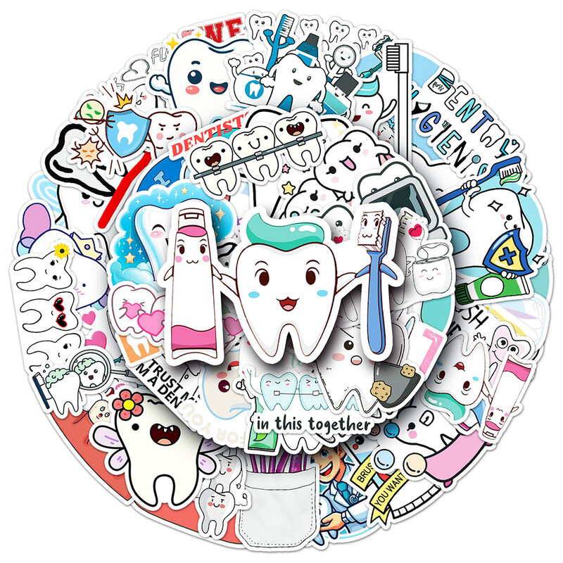 Cute Dental Tooth Shaped Adesivos para crianças, Decalques de dentes dos desenhos animados, Dentista loja, Brinquedos Toothbrush, Kawaii Dentistry Presentes, 10 Pcs, 30 Pcs, 50Pcs