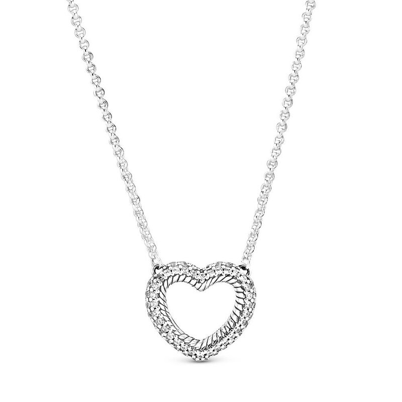 Autentyczne 925 Sterling srebrna iskrząca wąż łańcuch wzór otwarte serce naszyjnik naszyjnik dla kobiet koralik urok Diy biżuteria