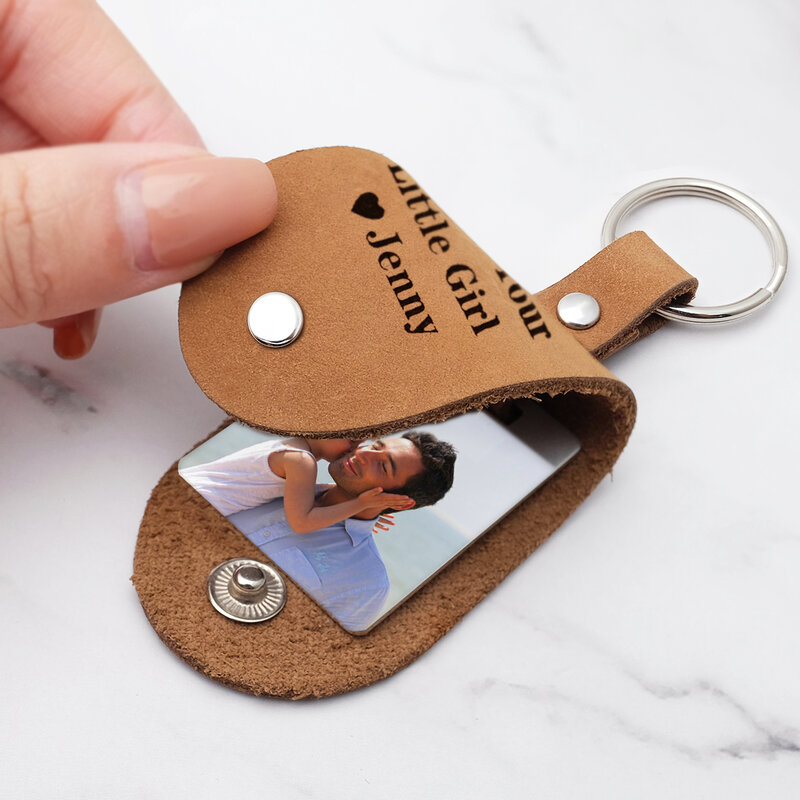 Personalised Photo Keychain for Men Engraved Leather Picture Keychain Ring Holder Custom Photo Keyring Gift for Father's Day
