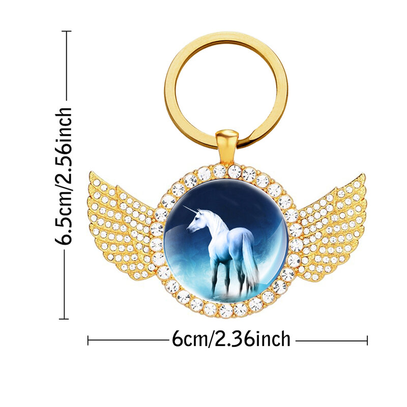 Gantungan kunci liontin logam Cabochon kaca Unicorn lucu kualitas tinggi dengan cincin kunci kepribadian sayap hadiah perhiasan