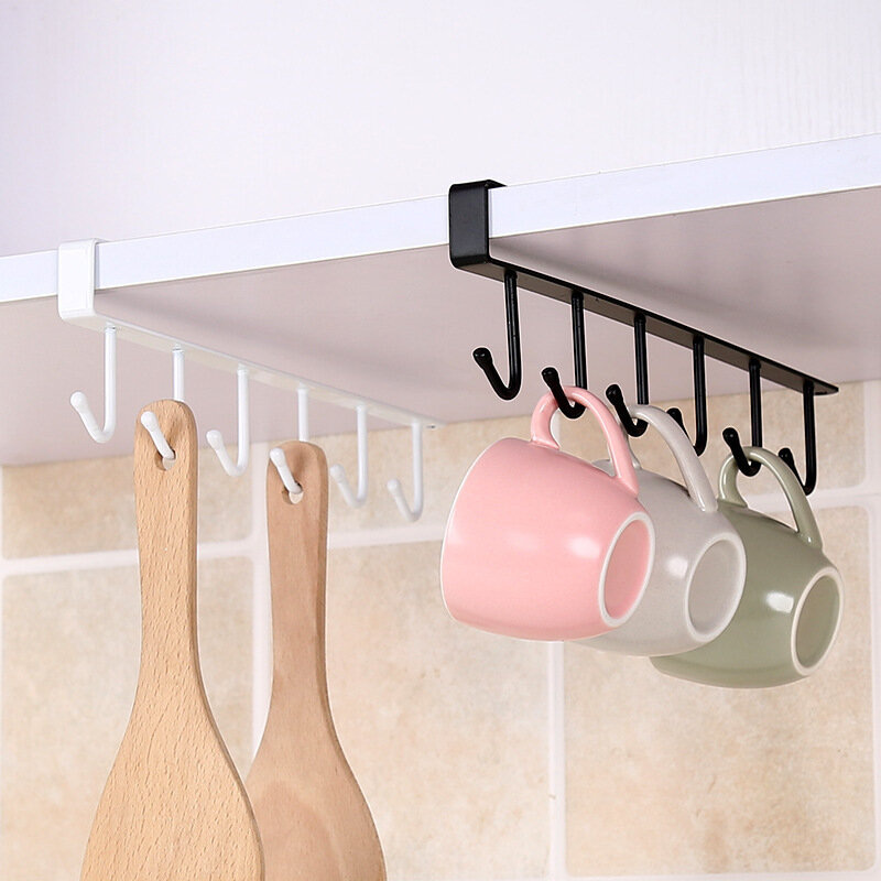 6-Hook Iron Storage Shelf Kitchen Cup Kitchenware Hanger Multifunction Wardrobe Cabinet Under Shelves Holder Hanging Rack Holder