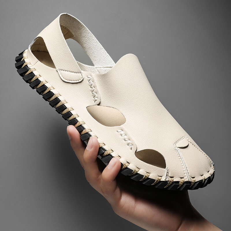 Men Sandals Summer Hollow Men's Casual Shoes Soft Stitching Baotou Sandals Fashion Leather Sandals Non-slip Beach Shoes for Men