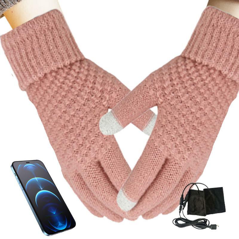 Podgrzewane rękawiczki dla kobiet aksamitne zasilane przez USB rękawiczki grzewcze zimowe dłonie ciepłe rękawiczki ekran dotykowy żakardowa dzianina na zewnątrz