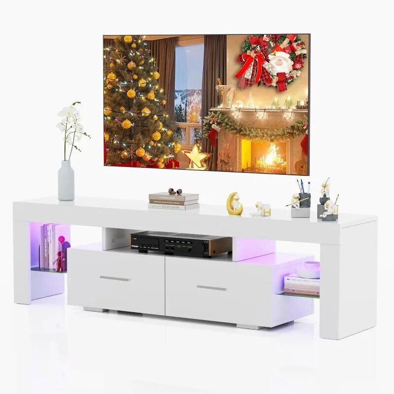 LED-TV-Ständer für Fernseher bis 55 Zoll, modernes Unterhaltung zentrum mit Schublade und Glas regal, TV-Konsolen tisch