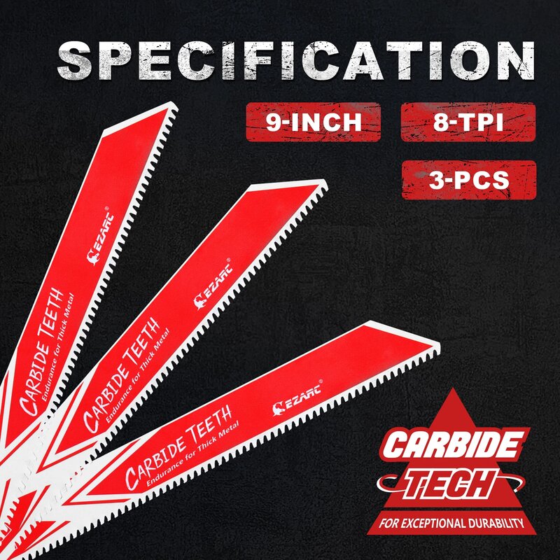 EZARC 3PCS Carbide Reciprocating Saw Blade R978HM Endurance for Thick Metal, Cast Iron, Alloy Steel 9-Inch 8TPI, 3-Pack