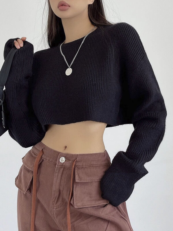 New Autumn Women Solid Sweater O-Neck Loose Sweater Pullover Crop Top Sweaters Shirts Femme Knit Outwear Jumpers