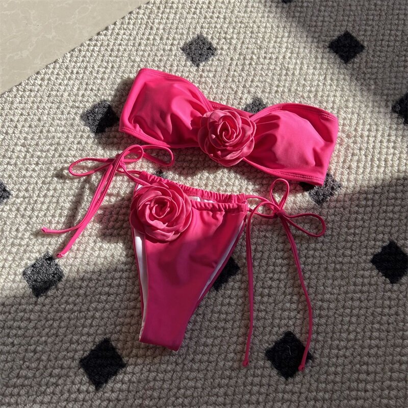 2 Piece Women's Bikini Swimsuit Top+Underwear Summer 3D Flower Strapless Party Beach Holiday Hot Girl Streetwear Robes Lace Up