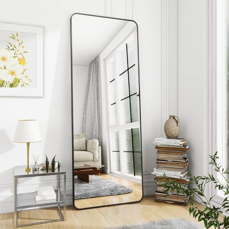 Black full length mirror,65" x 22" rounded corner floor mirror,Standing hanging or wall dressing room mirror full length