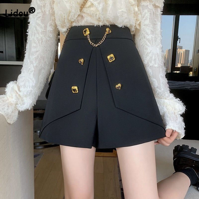 Korean Women's Solid Color Chic Chain Spliced Shorts Summer Female Clothing All-match A-Line Fashion Button High Waist Pants