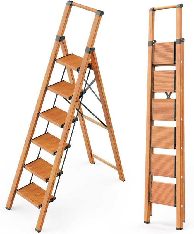 GameGem-Alumínio Folding Stool, 6 Step Ladder, Anti-Slip, Pedal robusto e largo, portátil, leve, escada