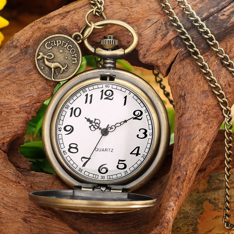 Unisex Bronze Quartz Relógio de Bolso, Bronze, Oco, Doze Constelação, Cadeia, Numerais arábicos, Display, Presente de Aniversário