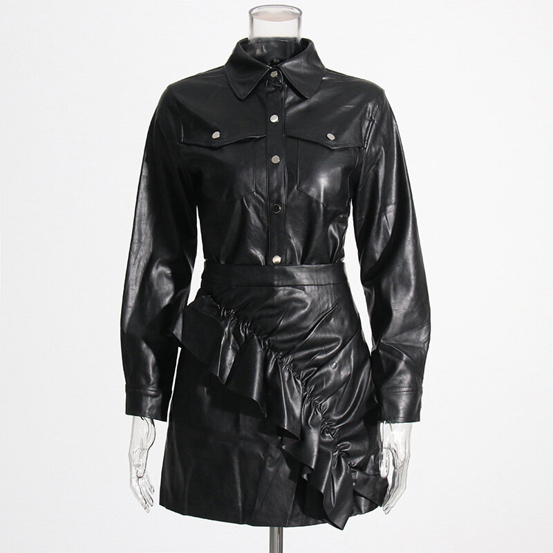 Coat PU Fashion Set Standing Neck Long Sleeve Shirt High Waist Pleated Half Dress Two Piece Set