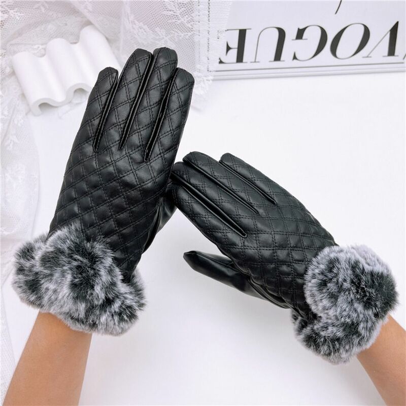 PU Leather Faux Fur Gloves Accessories Waterproof Windproof Cashmere Gloves Black Purple Red Thicken Warm Women