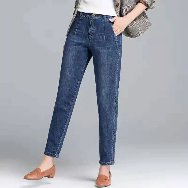 Jeans Harlan feminina de cintura alta com elástico, calça jeans vintage casual solta, calça comprida feminina, nove pontos, primavera e verão, 2024