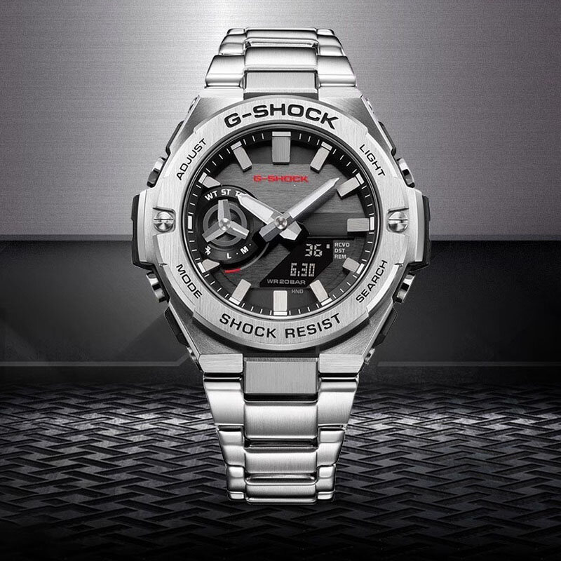 G-SHOCK-Relógio de quartzo de aço inoxidável masculino, relógio multifuncional, à prova de choque, display duplo, moda casual