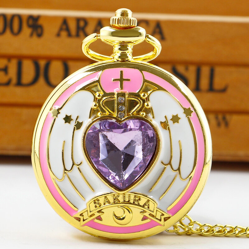 Bonito Cristal Cherry Blossom Diamante Embutidos Colar Pocket Watch para Senhoras Meninas Cosplay Criativo Quartz Fob Relógio