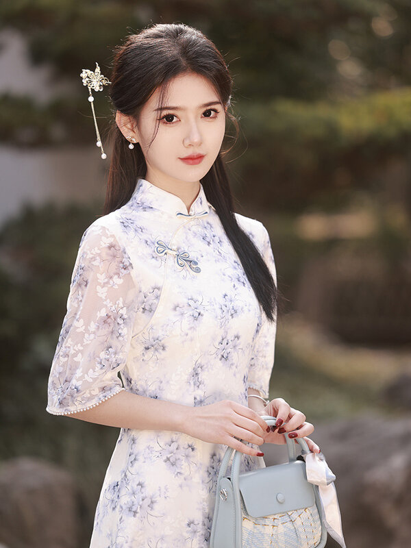 Vestido de manga curta estilo chinês cheongsam jovem melhorado, moda tradicional retrô, verão, novo
