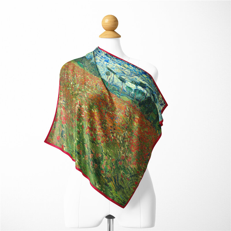 Twill Silk Scarf Luxury Woman Van Gogh Poppy Garden Painting 53CM Square Scarves Wraps Bandana Small Hijabs Headband Neckerchief