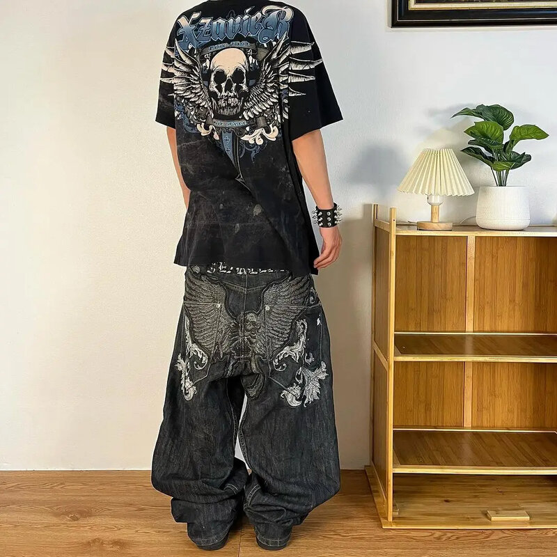 American Fashion Joker Pattern Embroidery Mopping Jeans Men Y2K New Street Hip Hop Casual Loose Straight Wide Leg Pants Unisex