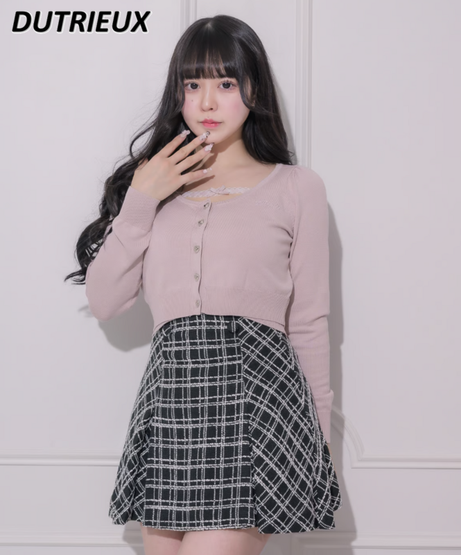 Japanische Frühlings mine Massen produktion weiches Mädchen hohe Taille zweiteiligen Anzug süße Boden Schlinge und kurze Pullover Strickjacke