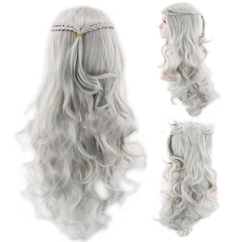 Daenerys-شعر مستعار اصطناعي مجدول غير لامع ، شعر مجعد طويل ، عصابة رأس من الألياف ، فضة ألعاب ، استخدام يومي للحفلات