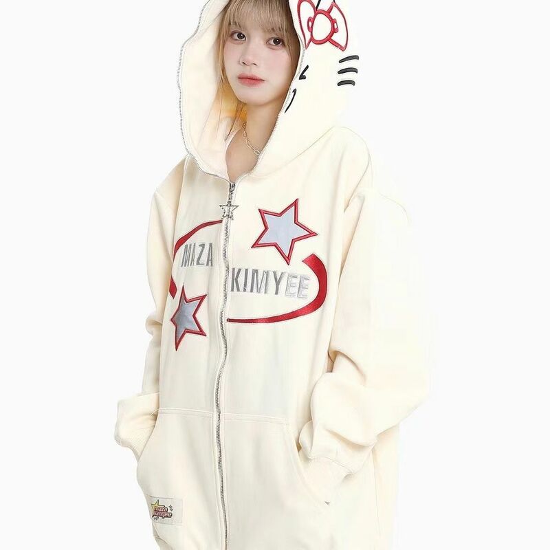 American Retro Star Embroidery Anime Hoodie Zippered Cardigan Women's Top Loose Jacket Y2k Clothes Kawaii Kpop Sweatshirts