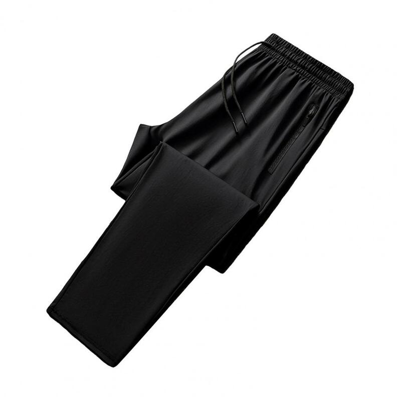 Calça esportiva de seda gelo de secagem rápida masculina, perna larga, bolsos laterais, cintura com cordão, treinamento de ginástica, jogging, cor sólida