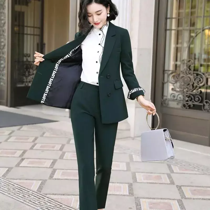 2019 New women office lady pant suits of high quality OL blazer jackets with ankle length trouser red two pieces set