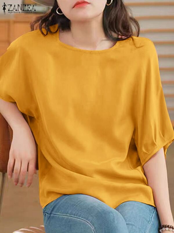 Корейские топы с круглым вырезом ZANZEA, Повседневная Свободная Женская блузка 2024, летняя рубашка с рукавом до локтя, блузы, однотонные простые туники