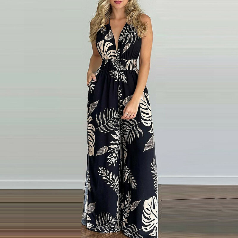 Summer Jumpsuits for Women 2024 Elegant Night Party Sexy Sleeveless Halter Backless Fashion Printed High Waist Wide Leg Jumpsuit