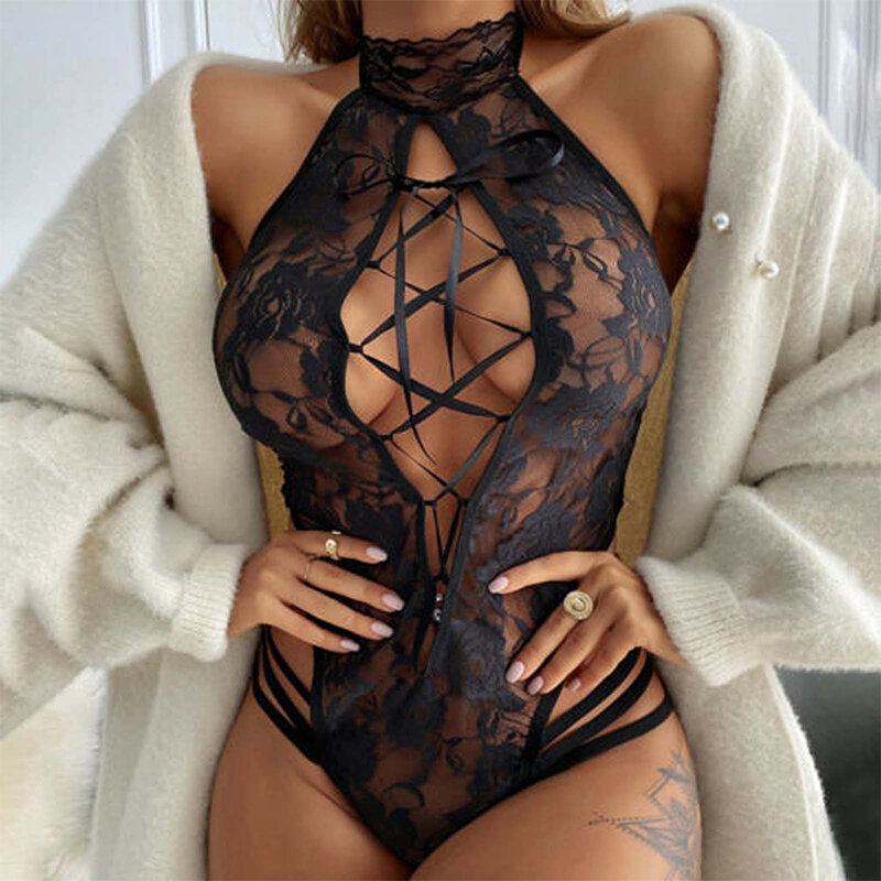 New Women Sexy Hanging Neck Lace Kitten Temptation Clothing Erotic Glamour Lingerie Hollow See-through Charming One-piece Shorts