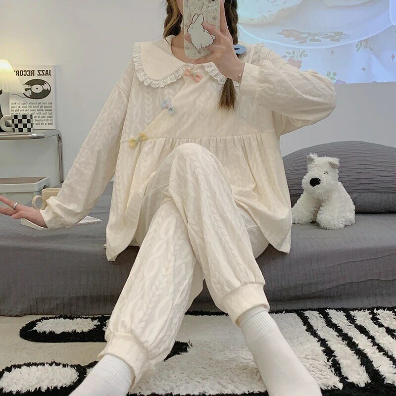 Conjunto de pijama de algodón de imitación para mujer, de talla grande 5XL ropa de casa, jersey de cuello redondo, bonito y ligero, novedad de primavera