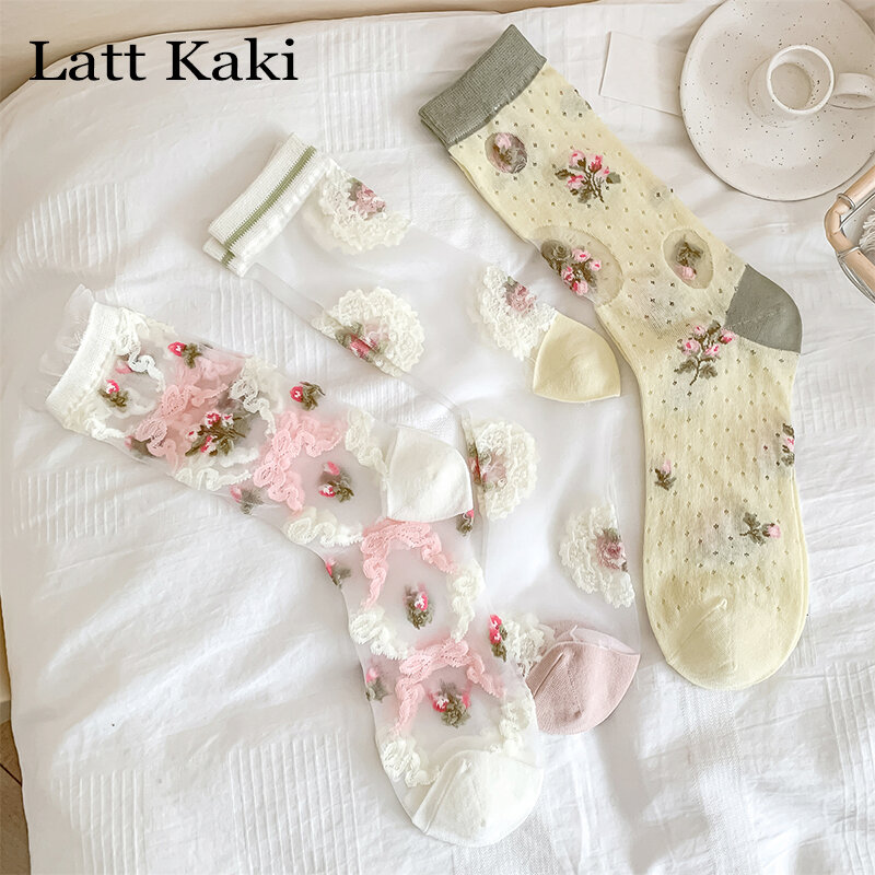 Conjunto de calcetines finos y transpirables para mujer, medias de encaje con flores, transpirables, transparentes, cómodas, 3 pares por lote, novedad de verano