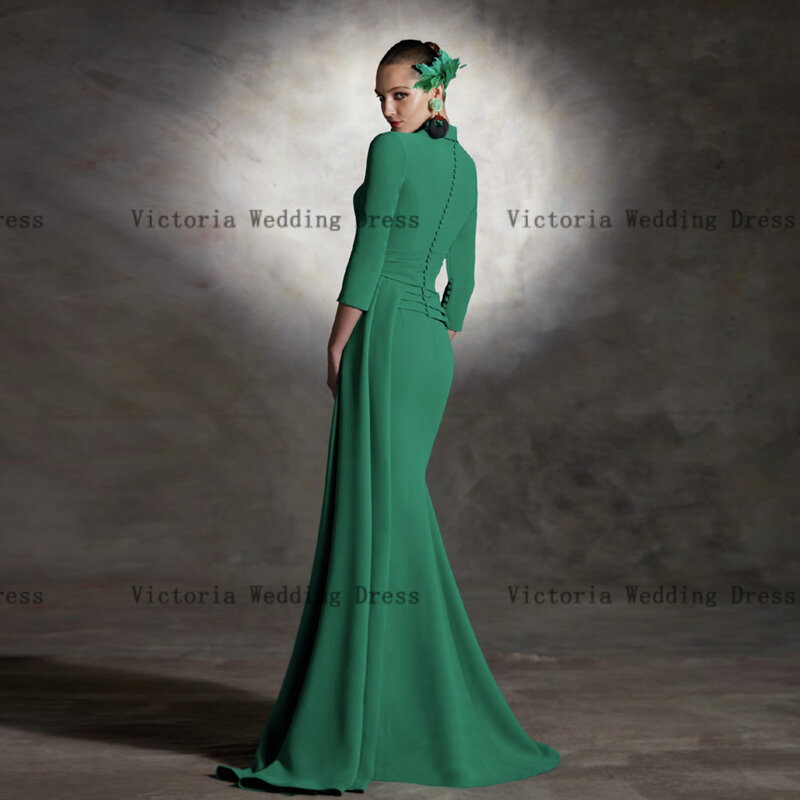 Элегантное зеленое платье для матери невесты с V-образным вырезом и рукавом 3/4, для свадебной вечеринки, юбка-годе в пол, 2024