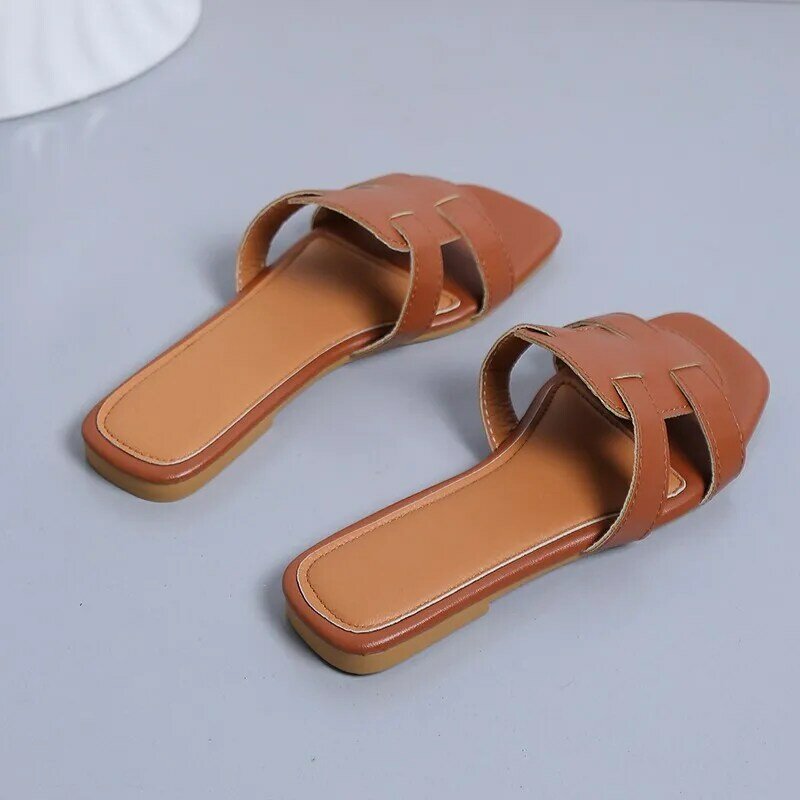 Women's Fashion Flat Slides, Square Open Toe Solid Color Soft Sole Shoes, Casual Beach Slide Sandals
