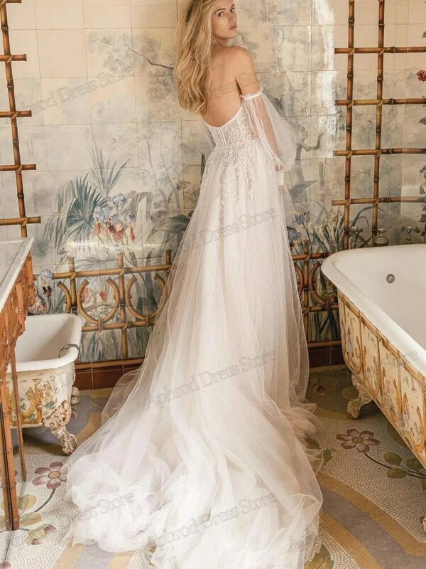 Vintage Wedding Dresses Illusion Tulle Tiered Bridal Gowns Sexy High Slit Sweetheart Robes Elegant Sweep Train Vestidos De Novia