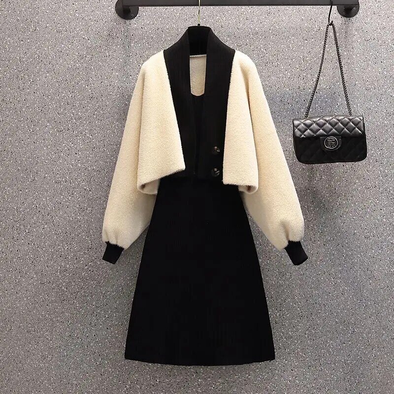 2022 Winter New Relaxed Casual Knitted Sweater Jacket Long Sleeve Dress Two Piece Elegant Women's Dress Set Female Outfit