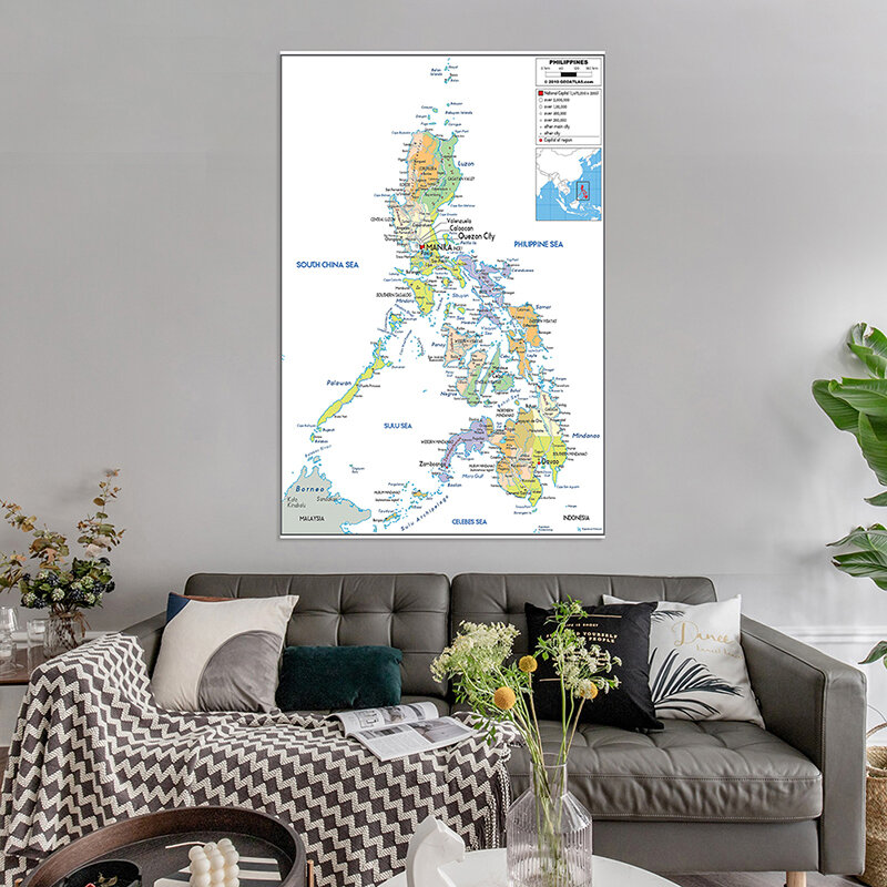 Mapa de Filipinas en inglés, póster de arte de pared, impresión, decoración del hogar, suministros escolares, 100x150cm
