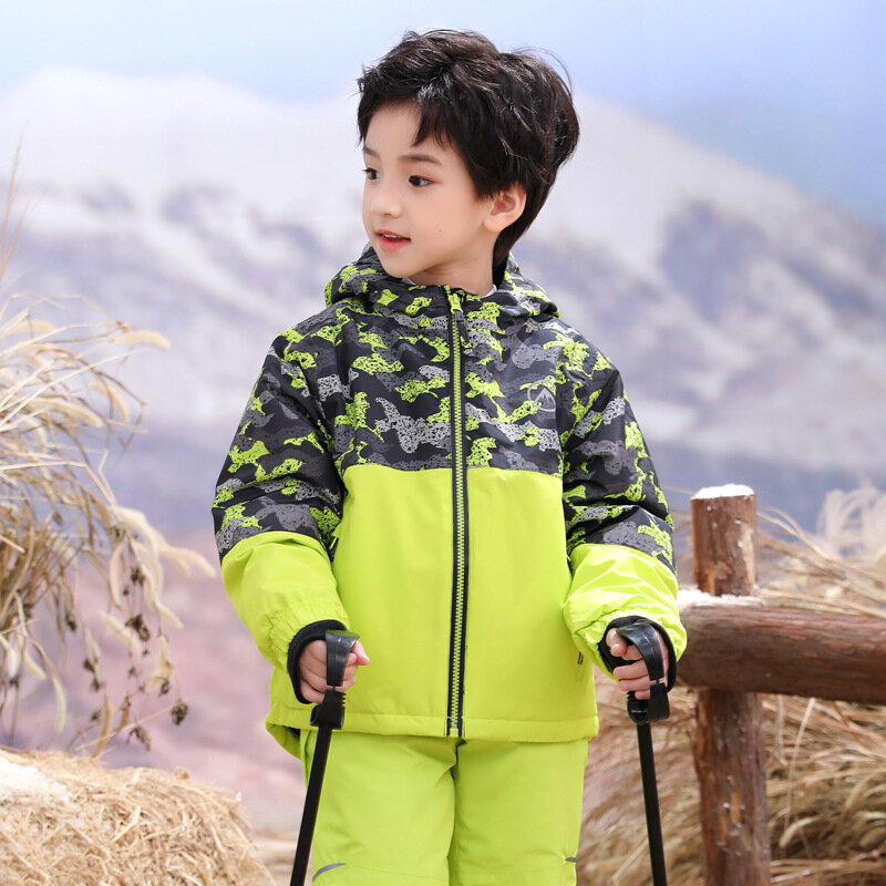 Зимний детский лыжный костюм, ветрозащитная Водонепроницаемая плюшевая теплая спортивная куртка для мальчиков и девочек, хлопковая куртка Аниме